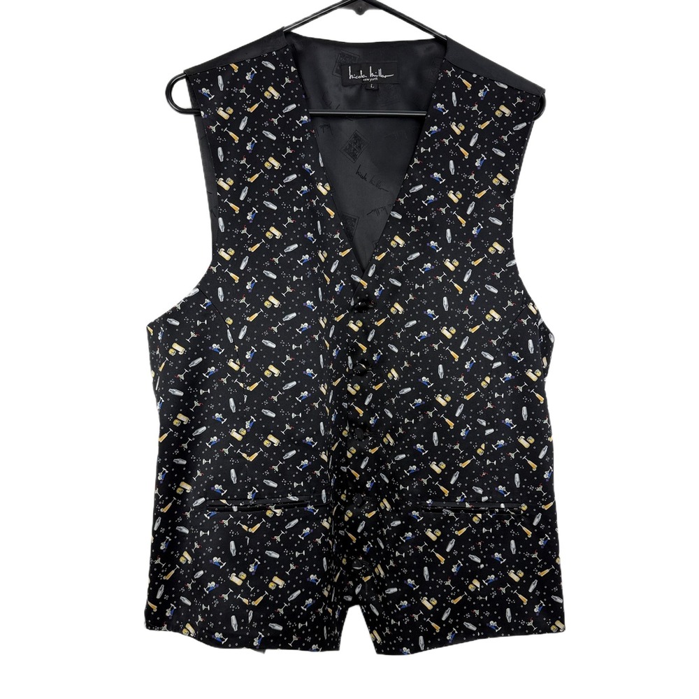 Nicole Miller Silk Vest Mens Large Black Formal Drinks Cocktails Printed Buckle